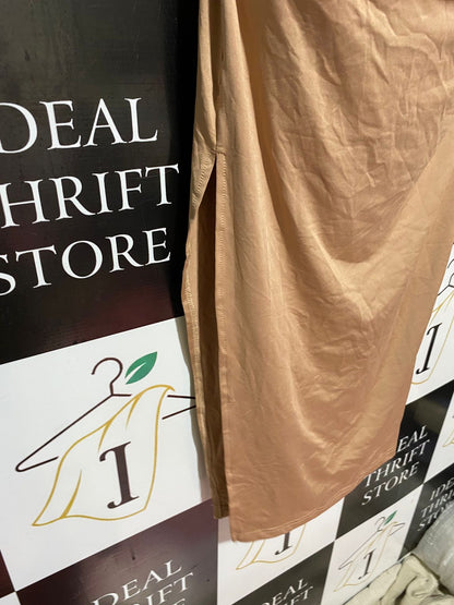 SHEIN |XS| BUST 15| B43| CHIC TAN NUDE SPAGHETTI STRAP RUCHED MIDI DRESS WITH SIDE SLIT PARTY COCKTAIL BODYCON