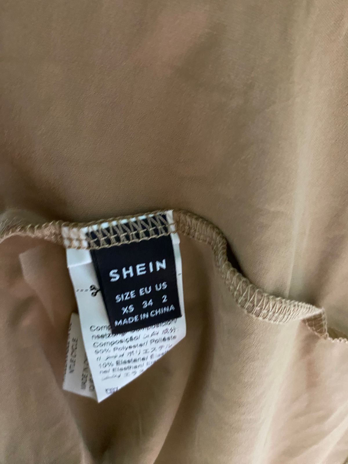 SHEIN |XS| BUST 15| B43| CHIC TAN NUDE SPAGHETTI STRAP RUCHED MIDI DRESS WITH SIDE SLIT PARTY COCKTAIL BODYCON