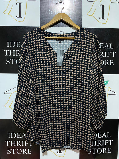 TARGET CURVE |XL| BUST 24| B43| BLACK AND TAN GEOMETRIC PRINT V-NECK LONG SLEEVE BLOUSE NEW WITH TAGS