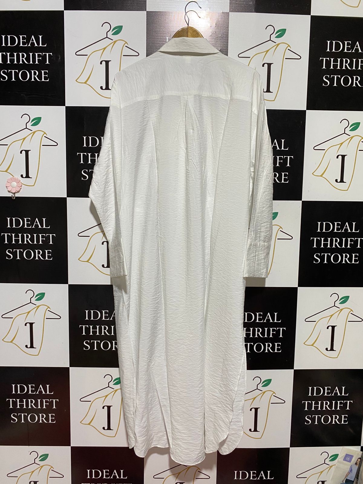 H&M |XL| BUST 26| B43| WHITE CRISP TEXTURED FABRIC WAIST-TIE LONG SLEEVE BUTTON FRONT MIDI SHIRT DRESS
