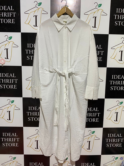 H&M |XL| BUST 26| B43| WHITE CRISP TEXTURED FABRIC WAIST-TIE LONG SLEEVE BUTTON FRONT MIDI SHIRT DRESS