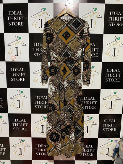 LORRAINE |M| BUST 18| B43| BOHO EARTH TONE PATCHWORK PRINT V-NECK LONG SLEEVE TIERED MAXI DRESS