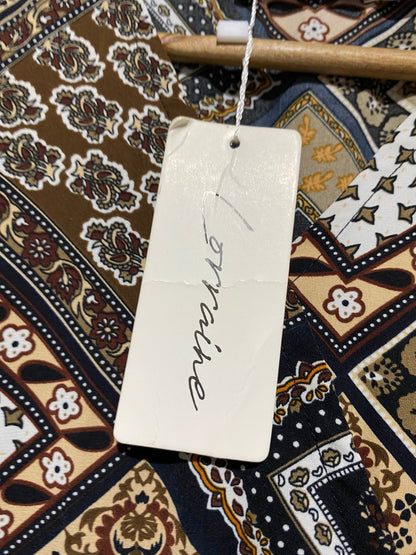 LORRAINE |M| BUST 18| B43| BOHO EARTH TONE PATCHWORK PRINT V-NECK LONG SLEEVE TIERED MAXI DRESS