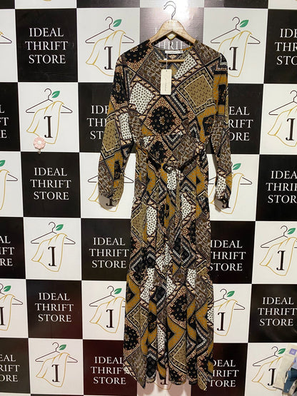 LORRAINE |M| BUST 18| B43| BOHO EARTH TONE PATCHWORK PRINT V-NECK LONG SLEEVE TIERED MAXI DRESS