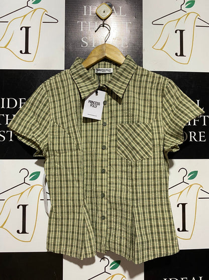 PRINCESS POLLY |S| BUST 17| B43| GREEN PLAID SHORT SLEEVE BUTTON FRONT COLLARED SHIRT
