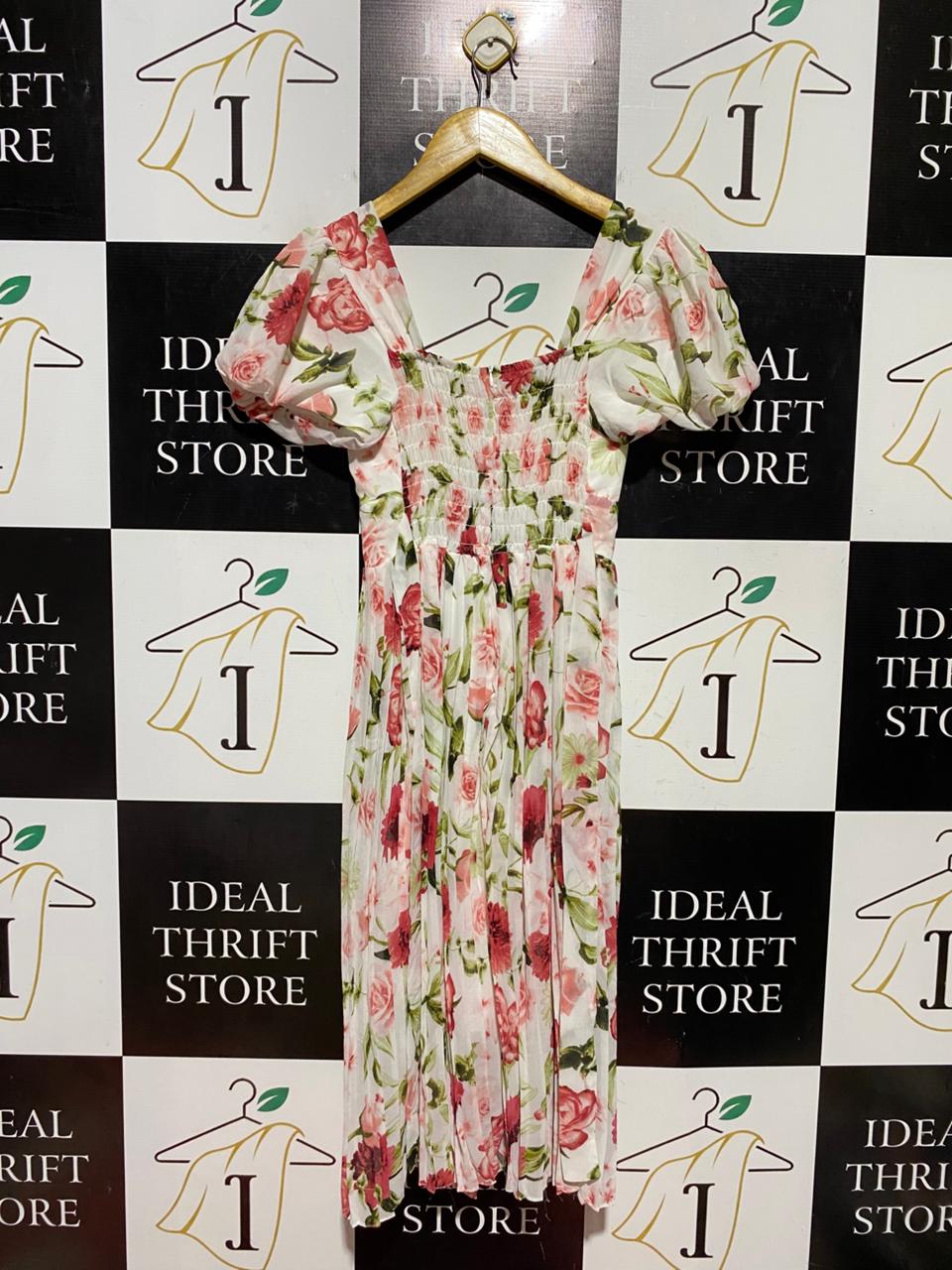 FASHION |XS| BUST 11| B43| VIBRANT ROSE FLORAL PRINT PUFF SLEEVE SWEETHEART MAXI DRESS