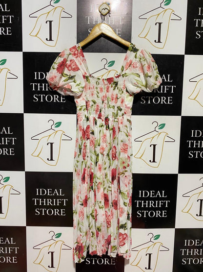 FASHION |XS| BUST 11| B43| VIBRANT ROSE FLORAL PRINT PUFF SLEEVE SWEETHEART MAXI DRESS