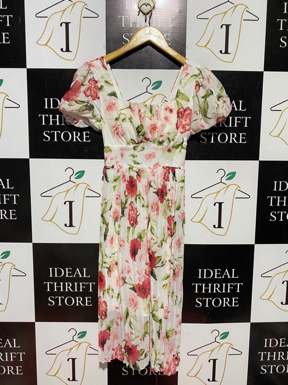 FASHION |XS| BUST 11| B43| VIBRANT ROSE FLORAL PRINT PUFF SLEEVE SWEETHEART MAXI DRESS
