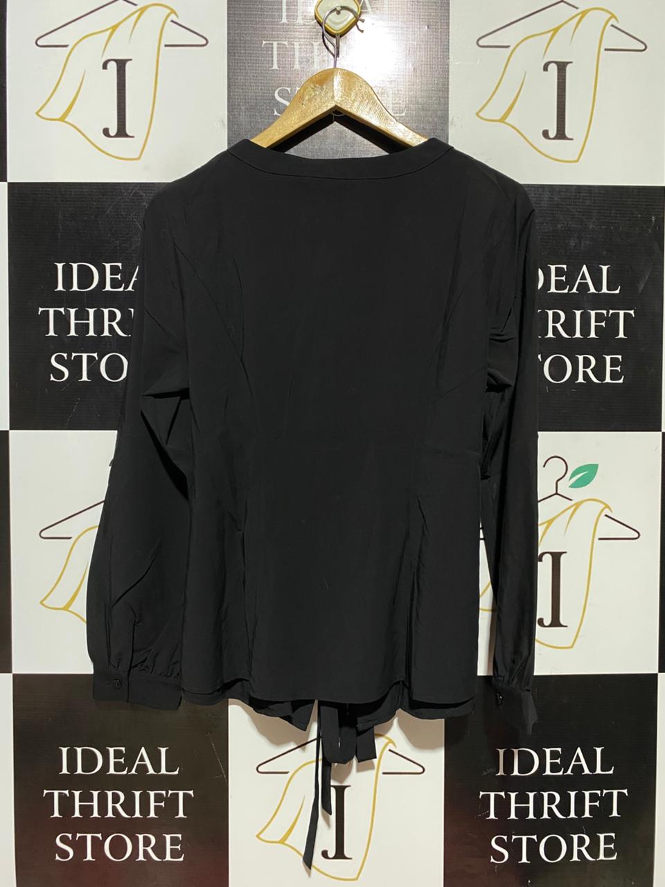 DUSHU |M| BUST 19| B43| BLACK LONG SLEEVE V-NECK BLOUSE WITH GOLD STATEMENT BUTTONS AND WAIST TIE