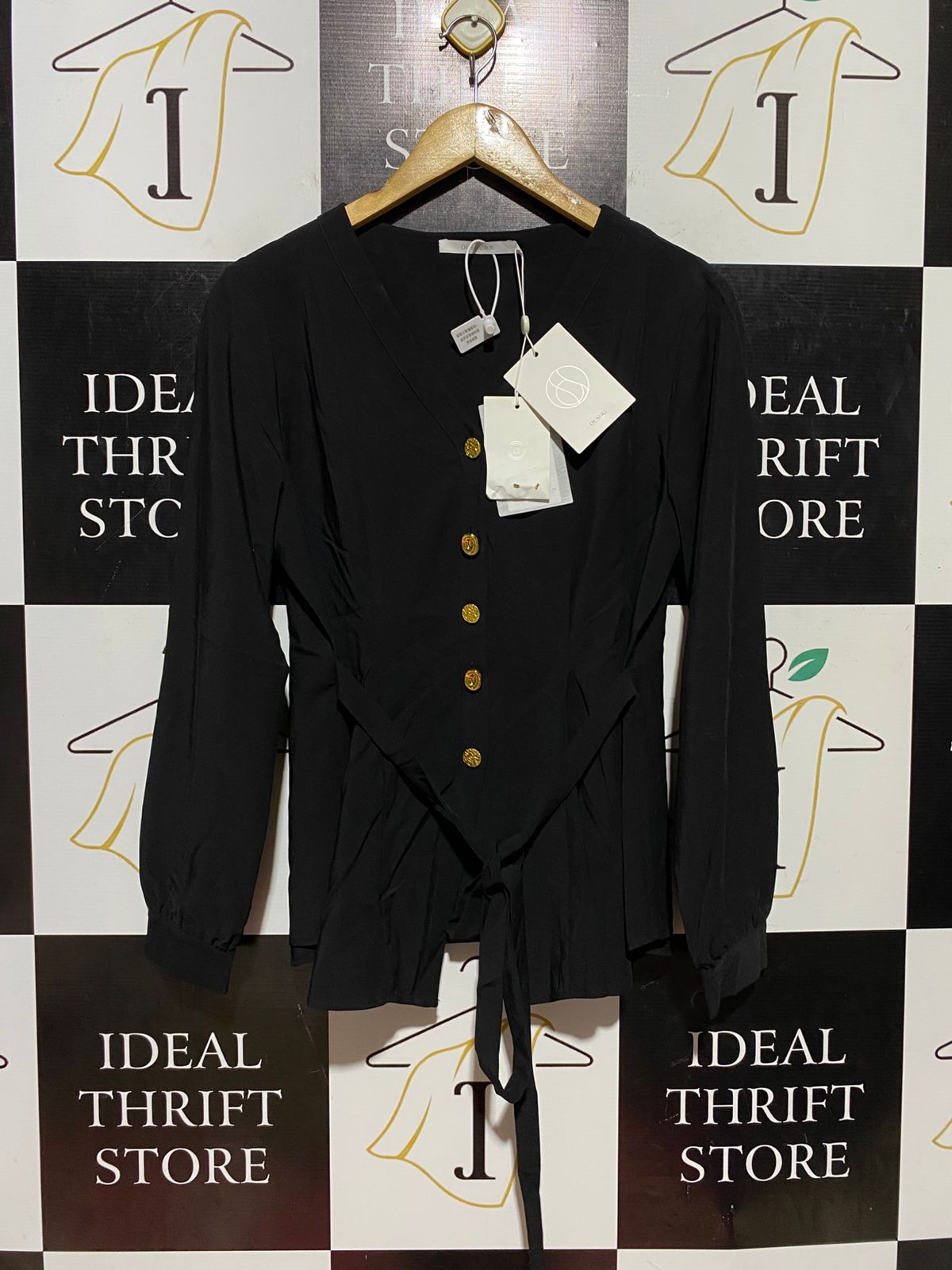 DUSHU |M| BUST 19| B43| BLACK LONG SLEEVE V-NECK BLOUSE WITH GOLD STATEMENT BUTTONS AND WAIST TIE
