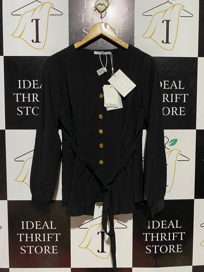 DUSHU |M| BUST 19| B43| BLACK LONG SLEEVE V-NECK BLOUSE WITH GOLD STATEMENT BUTTONS AND WAIST TIE