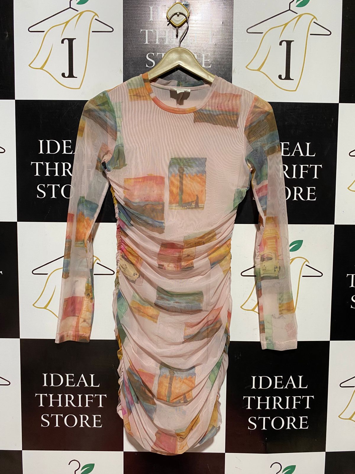 ROAME |S| BUST 14| B43| MULTICOLOR POSTCARD LANDSCAPE PRINT MESH LONG SLEEVE RUCHED BODYCON MINI DRESS