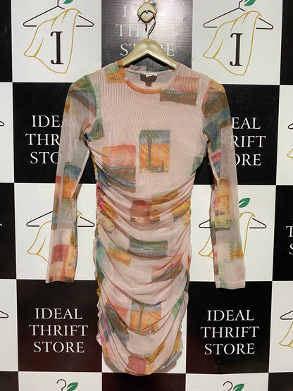 ROAME |S| BUST 14| B43| MULTICOLOR POSTCARD LANDSCAPE PRINT MESH LONG SLEEVE RUCHED BODYCON MINI DRESS