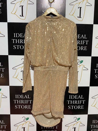 SHEIN |M| BUST 18| B43| STUNNING GOLD SEQUIN LONG SLEEVE MOCK NECK MINI DRESS COCKTAIL PARTY EVENING WEAR