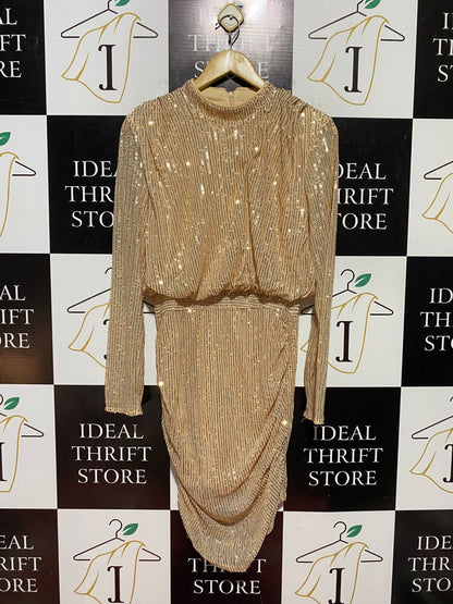 SHEIN |M| BUST 18| B43| STUNNING GOLD SEQUIN LONG SLEEVE MOCK NECK MINI DRESS COCKTAIL PARTY EVENING WEAR