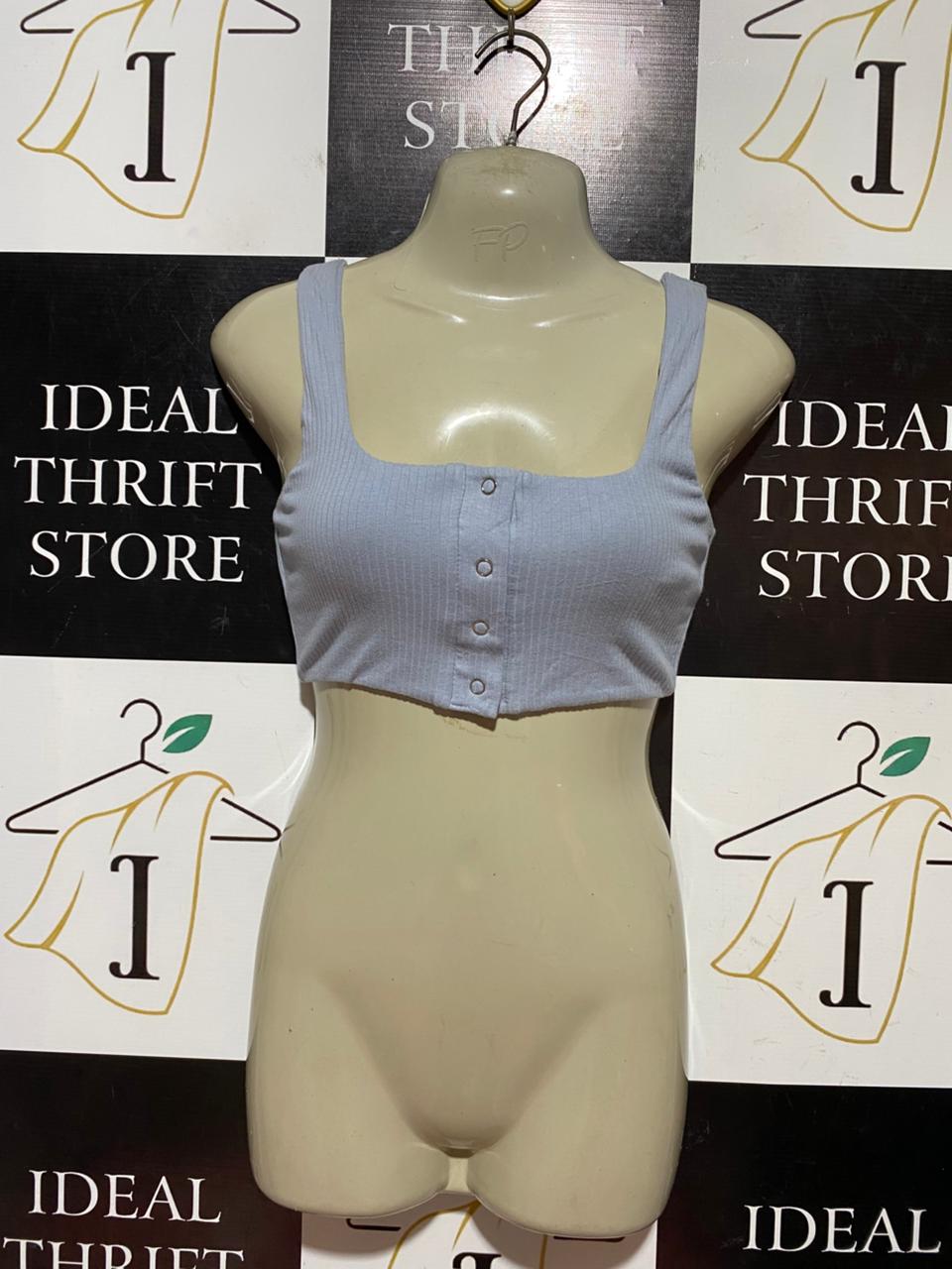KOOKAI |S| BUST 15| B43| CHIC LIGHT BLUE RIBBED SCONCE SCOOP NECK BUTTON FRONT CROPPED BRALETTE TANK TOP