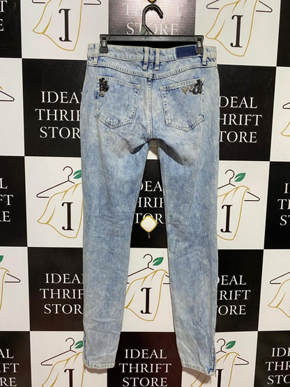 GUESS |L| WAIST 30| B43| LIGHT WASH DISTRESSED GEM EMBELLISHED MARILYN 3 ZIP SKINNY JEANS