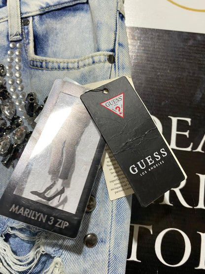 GUESS |L| WAIST 30| B43| LIGHT WASH DISTRESSED GEM EMBELLISHED MARILYN 3 ZIP SKINNY JEANS