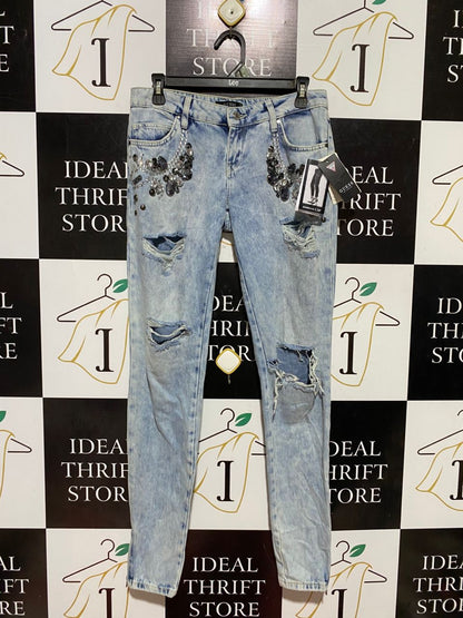 GUESS |L| WAIST 30| B43| LIGHT WASH DISTRESSED GEM EMBELLISHED MARILYN 3 ZIP SKINNY JEANS