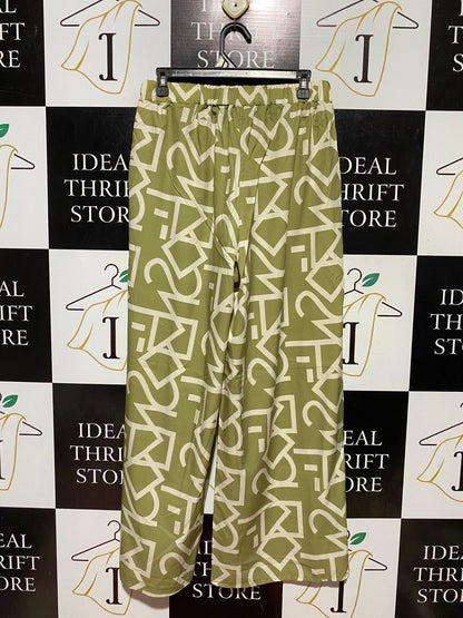 SHEIN |L| WAIST 29| B43| CHIC OLIVE GREEN AND CREAM ABSTRACT GRAPHIC PRINT HIGH WAISTED WIDE LEG PANTS