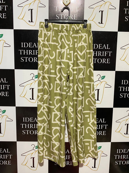 SHEIN |L| WAIST 29| B43| CHIC OLIVE GREEN AND CREAM ABSTRACT GRAPHIC PRINT HIGH WAISTED WIDE LEG PANTS