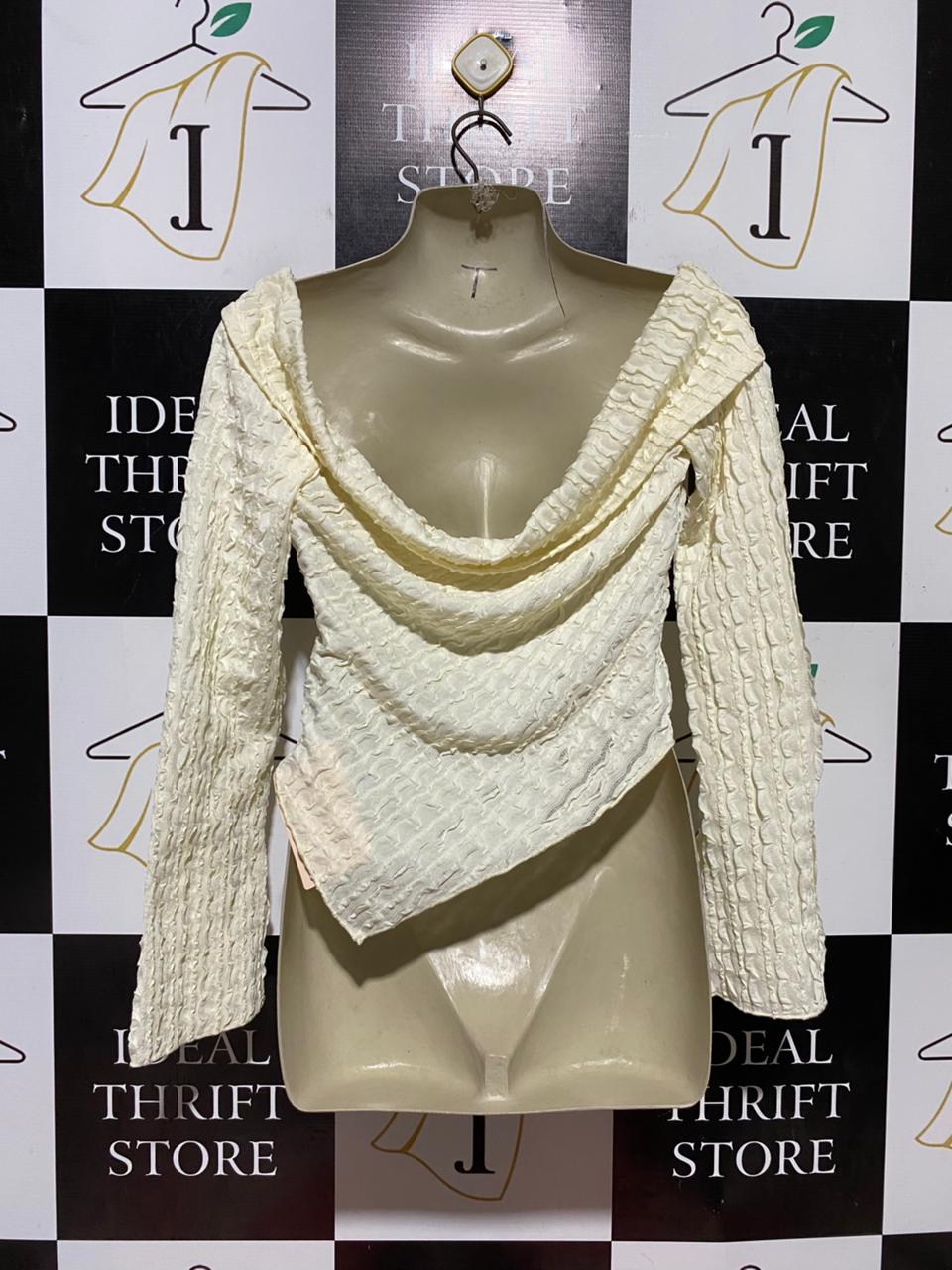 SHEIN BAE |L| BUST 17| B43| ASYMMETRICAL SEERSUCKER TOP CREAM CRINKLE TEXTURED OFF SHOULDER LONG SLEEVE BLOUSE