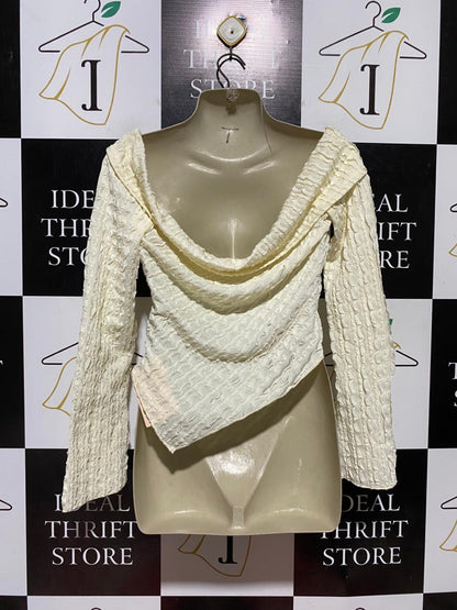 SHEIN BAE |L| BUST 17| B43| ASYMMETRICAL SEERSUCKER TOP CREAM CRINKLE TEXTURED OFF SHOULDER LONG SLEEVE BLOUSE