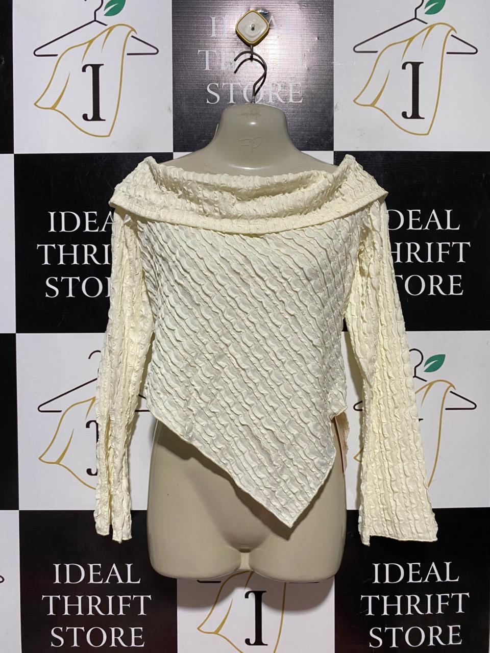 SHEIN BAE |L| BUST 17| B43| ASYMMETRICAL SEERSUCKER TOP CREAM CRINKLE TEXTURED OFF SHOULDER LONG SLEEVE BLOUSE