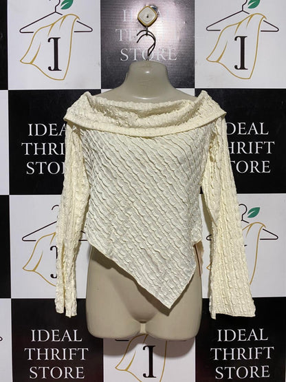 SHEIN BAE |L| BUST 17| B43| ASYMMETRICAL SEERSUCKER TOP CREAM CRINKLE TEXTURED OFF SHOULDER LONG SLEEVE BLOUSE