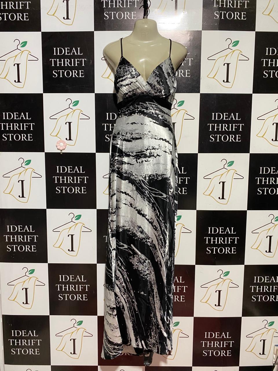 MRK |S| BUST 15| B43| MAXI DRESS SATIN SILKY BLACK SILVER ABSTRACT PATTERN SLIP GOWN FORMAL PARTY