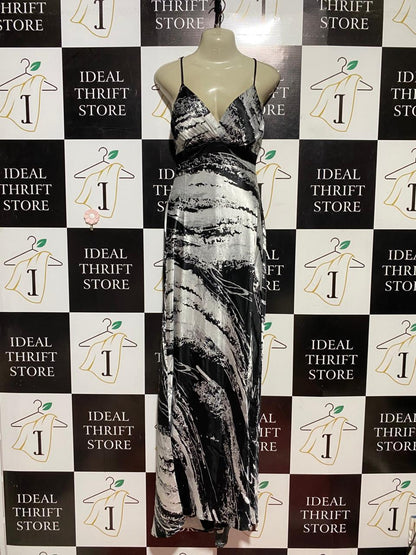 MRK |S| BUST 15| B43| MAXI DRESS SATIN SILKY BLACK SILVER ABSTRACT PATTERN SLIP GOWN FORMAL PARTY