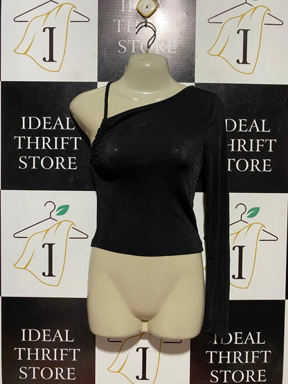 ANKO |S| BUST 15| B43| ASYMMETRICAL ONE SHOULDER TOP BLACK METALLIC SHIMMER LONG SLEEVE PARTY BLOUSE