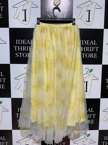 SHEIN | XS| WAIST 22| B43| TULLE MAXI SKIRT YELLOW FLORAL PRINT LAYERED MESH OVERLAY ELASTIC WAIST BOHO