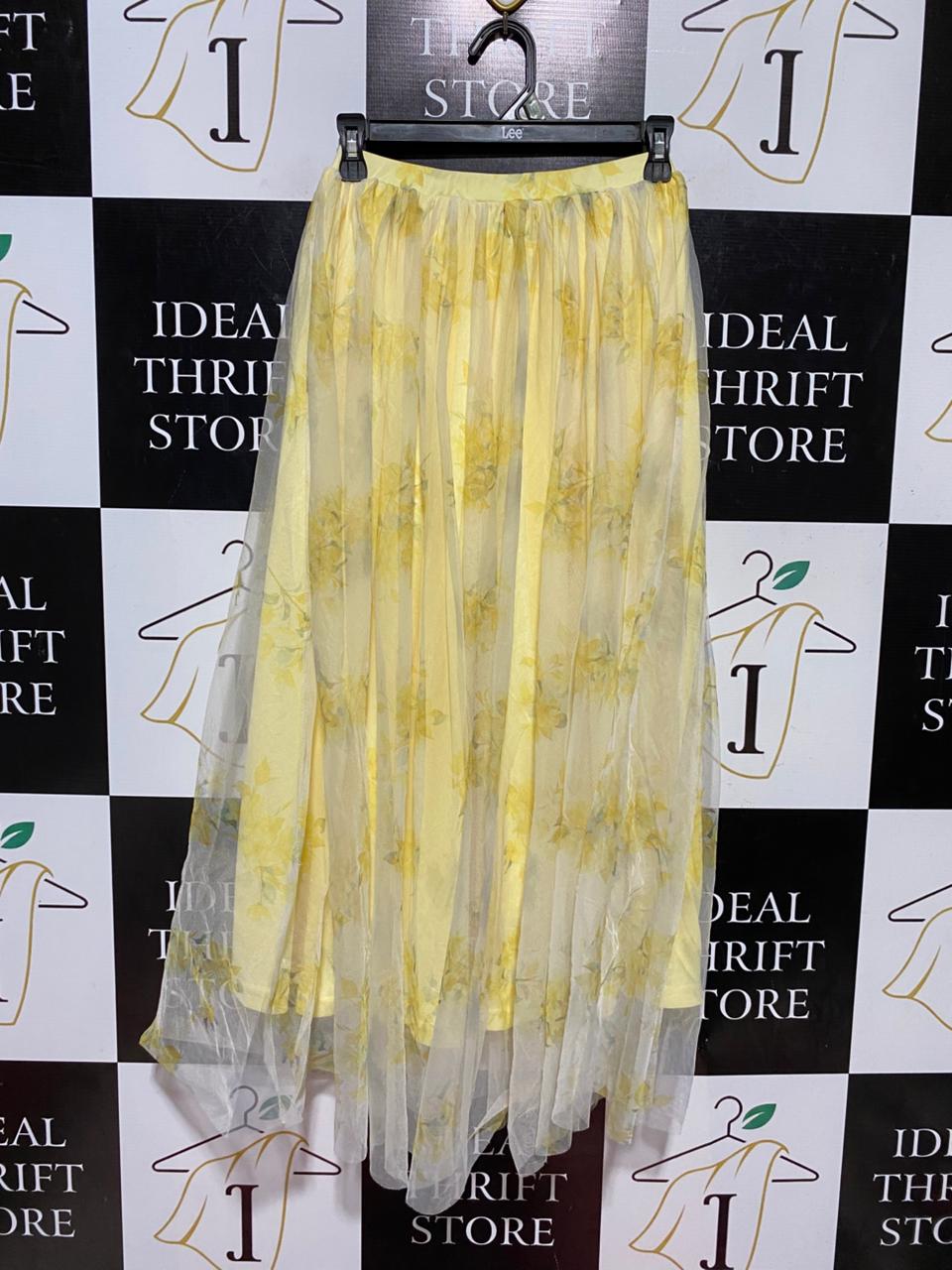 SHEIN | XS| WAIST 22| B43| TULLE MAXI SKIRT YELLOW FLORAL PRINT LAYERED MESH OVERLAY ELASTIC WAIST BOHO