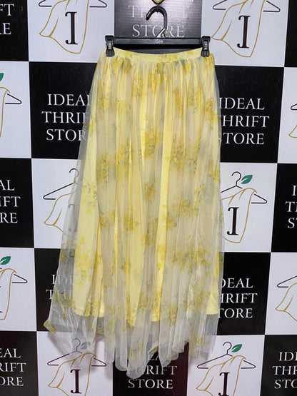SHEIN | XS| WAIST 22| B43| TULLE MAXI SKIRT YELLOW FLORAL PRINT LAYERED MESH OVERLAY ELASTIC WAIST BOHO