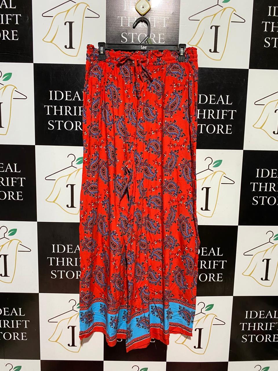 SPORTS GIRL |L| WAIST 30| B43| WIDE LEG BOHO PANTS RED PAISLEY PRINT DRAWSTRING CULOTTES PALAZZO TROUSERS
