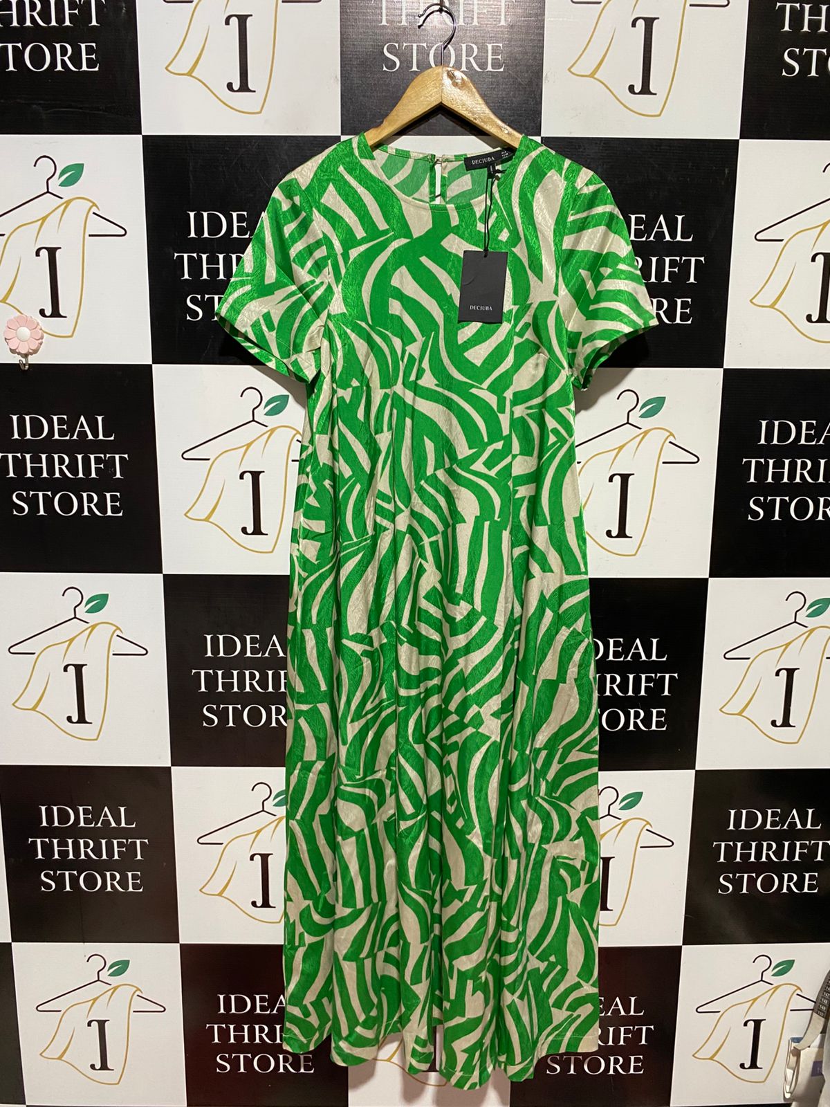 DECJUBA |M| BUST 18| B43| GREEN METALLIC ABSTRACT MIDI MAXI DRESS SHORT SLEEVE A-LINE