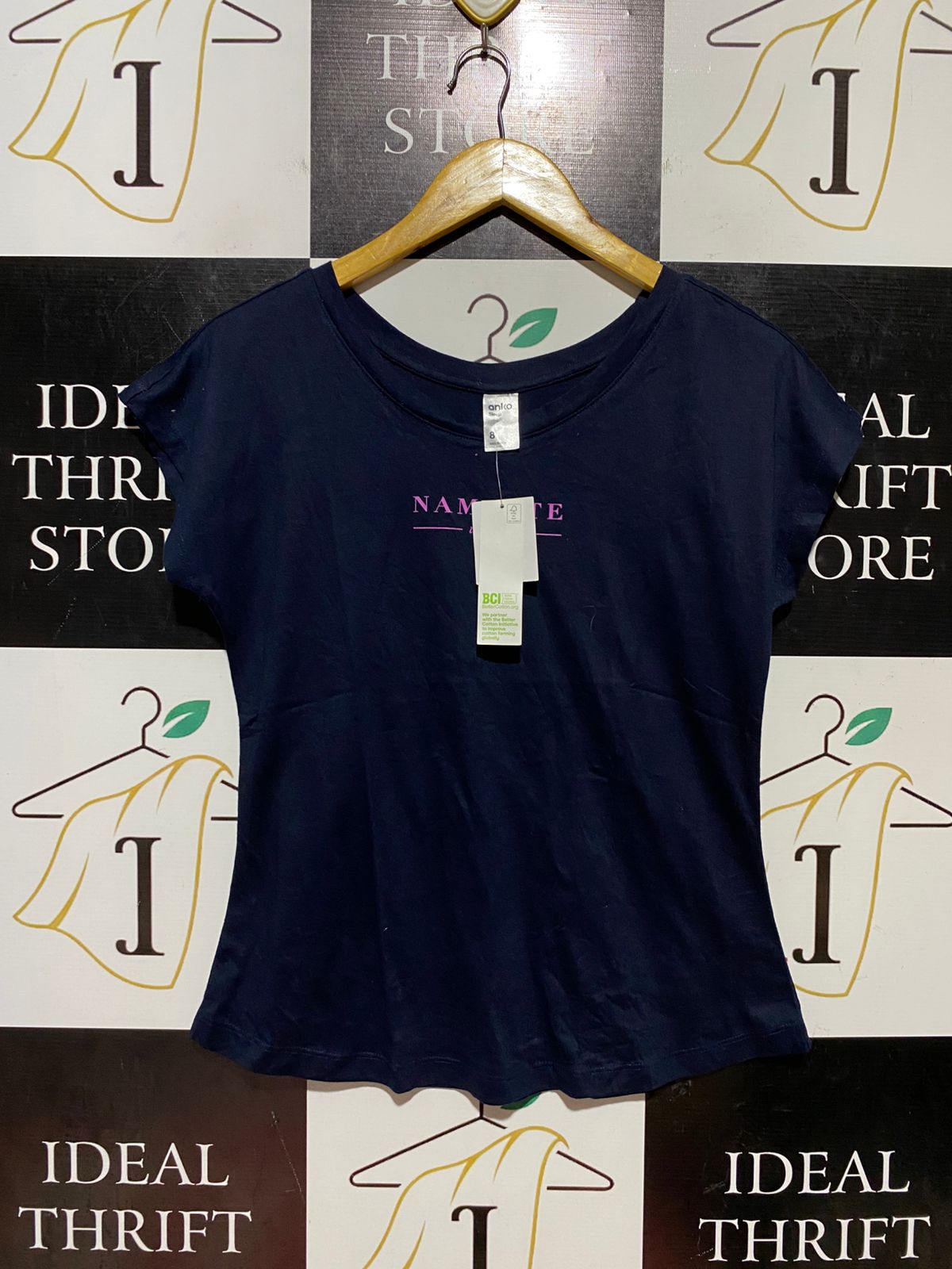 ANKO |S| BUST 18| B43| NAVY BLUE T-SHIRT "NAMASTE" GRAPHIC SCOOP NECK SHORT SLEEVE TEE