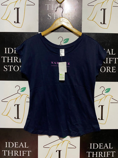 ANKO |S| BUST 18| B43| NAVY BLUE T-SHIRT "NAMASTE" GRAPHIC SCOOP NECK SHORT SLEEVE TEE