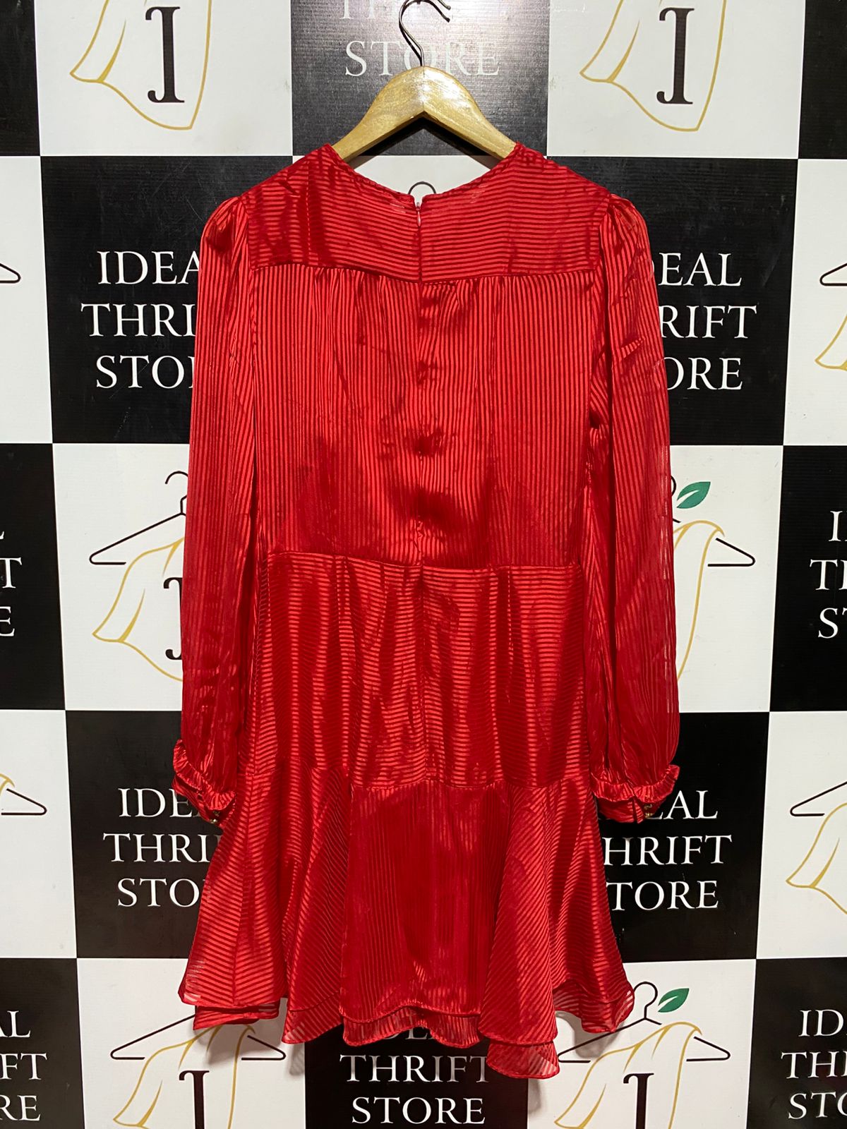 COOPER ST |M| BUST 17| B43| RED SATIN STRIPE MIDI DRESS LONG SLEEVE RUFFLE DETAIL COCKTAIL PARTY BLOUSE DRESS