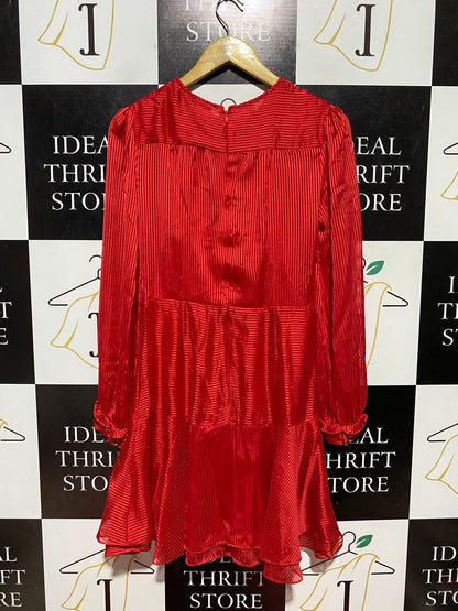 COOPER ST |M| BUST 17| B43| RED SATIN STRIPE MIDI DRESS LONG SLEEVE RUFFLE DETAIL COCKTAIL PARTY BLOUSE DRESS