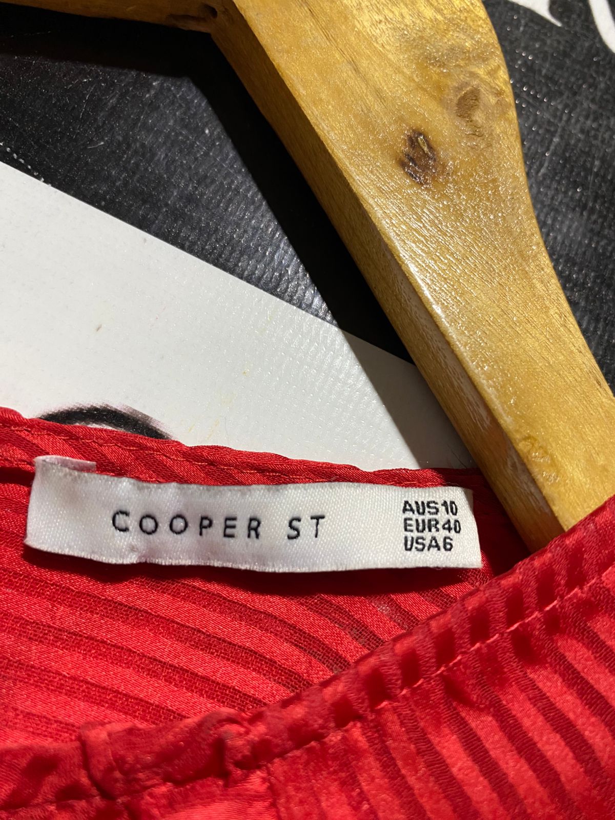 COOPER ST |M| BUST 17| B43| RED SATIN STRIPE MIDI DRESS LONG SLEEVE RUFFLE DETAIL COCKTAIL PARTY BLOUSE DRESS