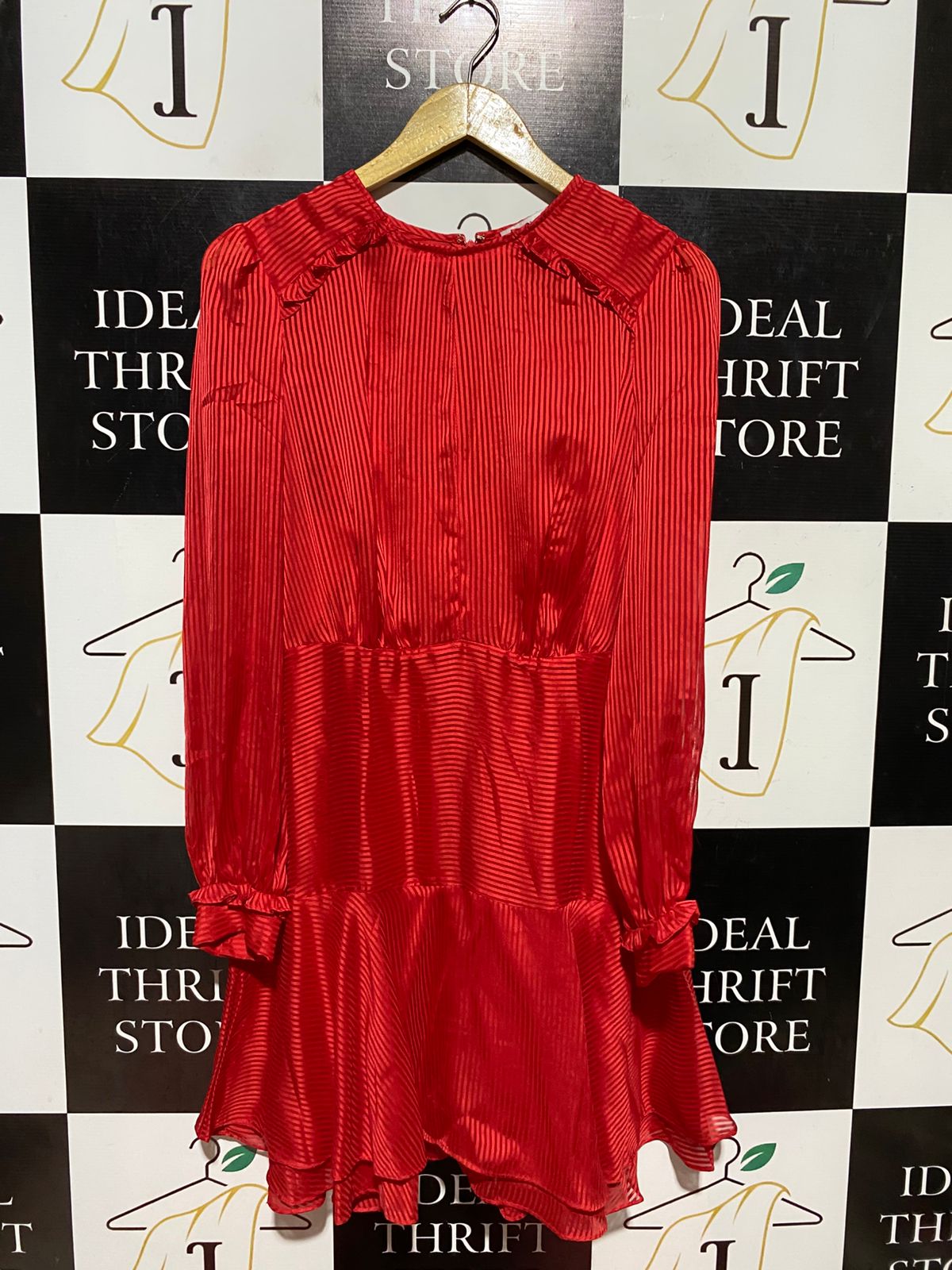 COOPER ST |M| BUST 17| B43| RED SATIN STRIPE MIDI DRESS LONG SLEEVE RUFFLE DETAIL COCKTAIL PARTY BLOUSE DRESS