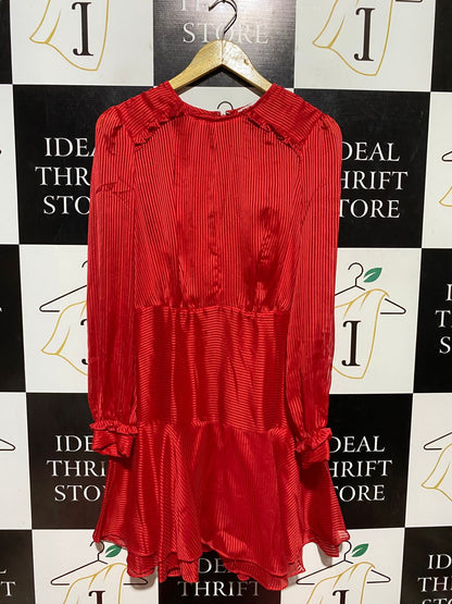 COOPER ST |M| BUST 17| B43| RED SATIN STRIPE MIDI DRESS LONG SLEEVE RUFFLE DETAIL COCKTAIL PARTY BLOUSE DRESS