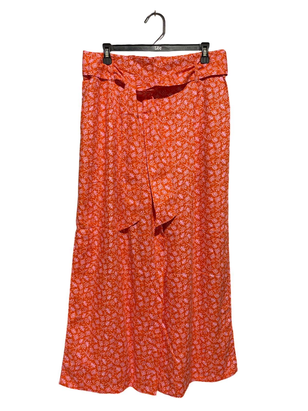& ME |L| WAIST 32| B44| WOMEN'S ORANGE AND PINK FLORAL LEAF PRINT WIDE LEG PANTS WITH WAIST TIE