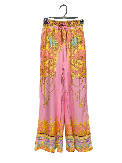 |S| WAIST 24| B44| PINK BAROQUE GRAPHIC PRINT WIDE LEG DRAWSTRING PANTS