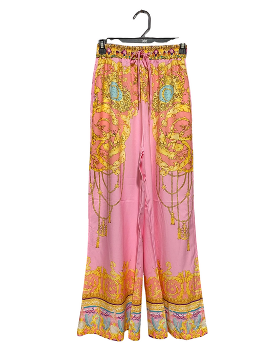 |S| WAIST 24| B44| PINK BAROQUE GRAPHIC PRINT WIDE LEG DRAWSTRING PANTS