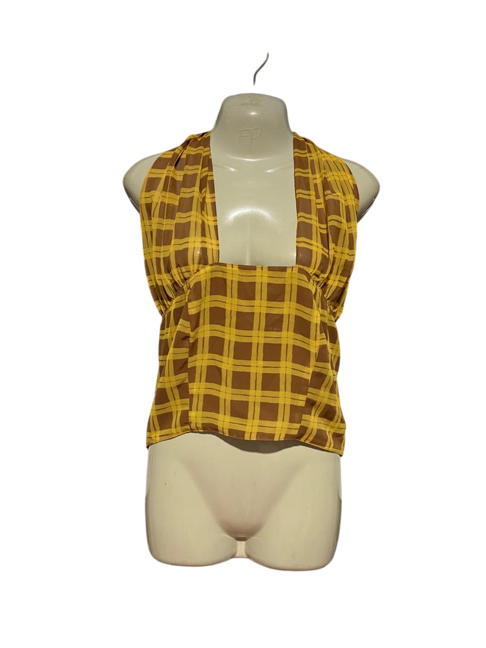 WITH JEAN |M| BUST 17| B44| YELLOW AND BROWN PLAID HALTER TOP - RETRO Y2K PLUNGING NECKLINE SUMMER BLOUSE