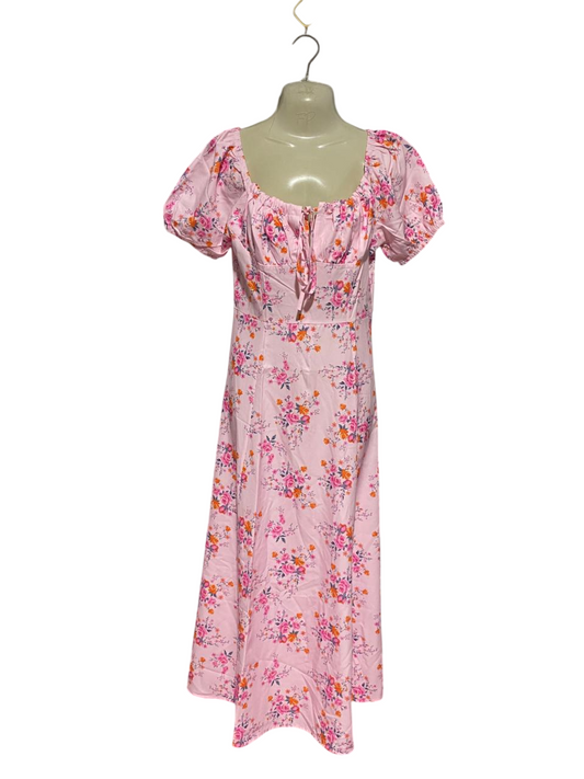 ALLY |M| BUST 15| B44| BABY PINK FLORAL COTTAGECORE MIDI DRESS - PUFF SLEEVE SWEETHEART BUST TIE SUNDRESS