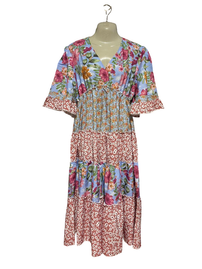 |M| BUST 17| B44| BOHO PATCHWORK FLORAL MAXI DRESS - TIERED V-NECK FLUTTER SLEEVE MIXED PRINT SUNDRESS